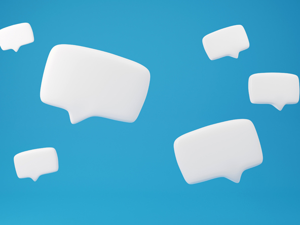 white floating speech bubbles on a blue background
